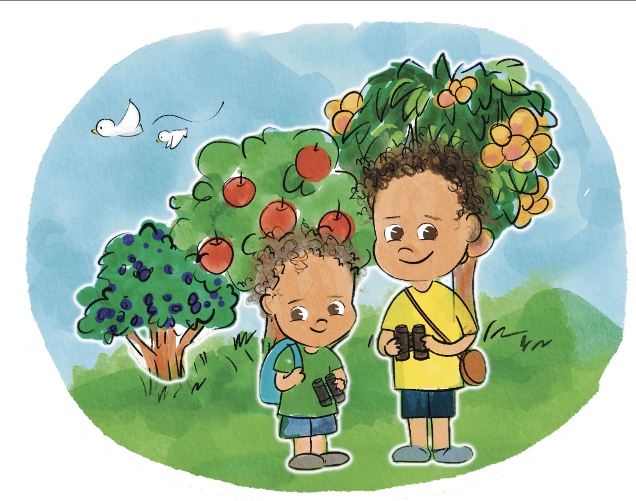 Two brothers exploring a colorful fruit orchard